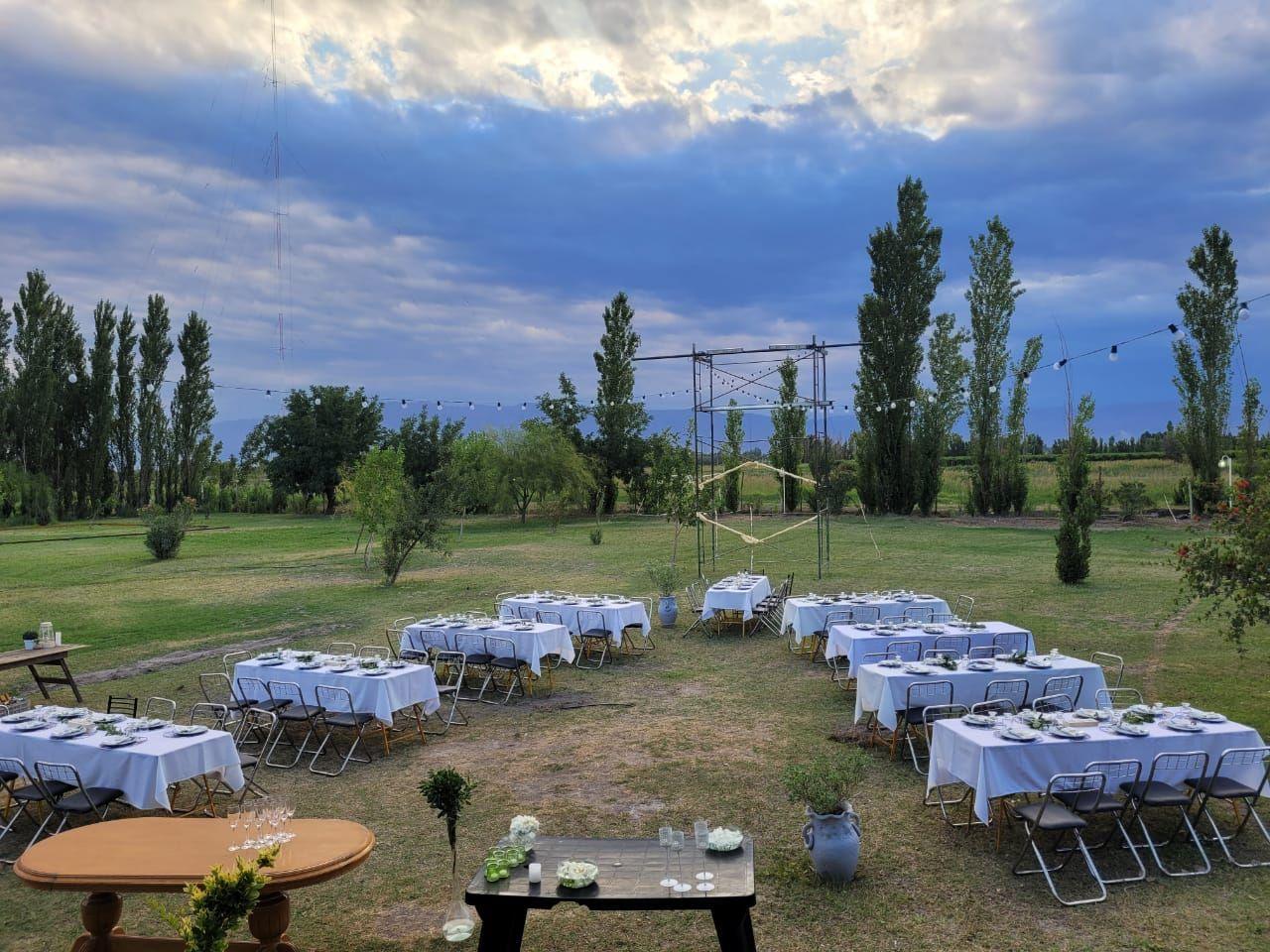 Mesas para un evento al aire libre entre álamos